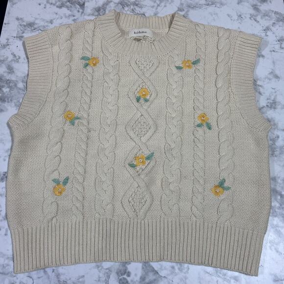 Bohme Floral Knit Sweater Vest S Cream Yellow Pullover Hippie Peasant Prairie - Picture 3 of 7